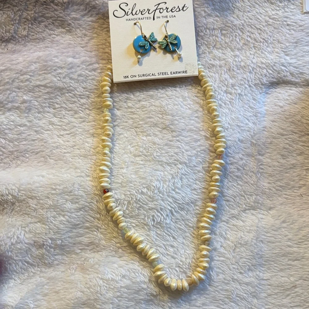 Silver Forest Ivory Beaded Necklace with Blue Earrings